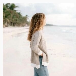 Mersea The Lisbon Traveler Mock Neck Side Slit Sweater in Driftwood and Seasalt